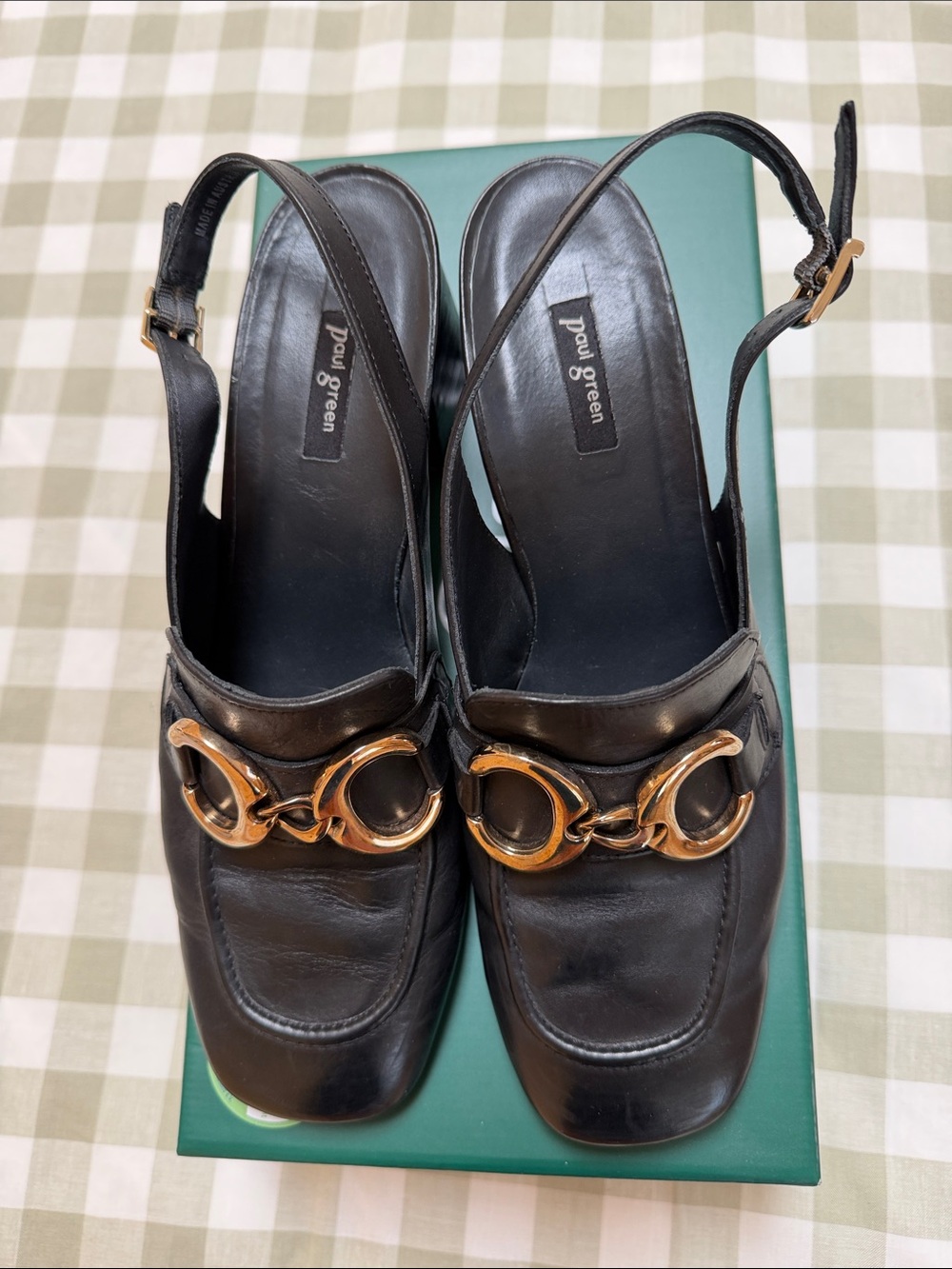 Paul Green Black Leather Slingback Mules with Gold Chain Detail - Picture 2 of 4